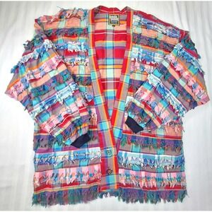 Paula Sweet Muslin Mink Plaid Shredded Fringe Jacket Multi Color Cotton Medium